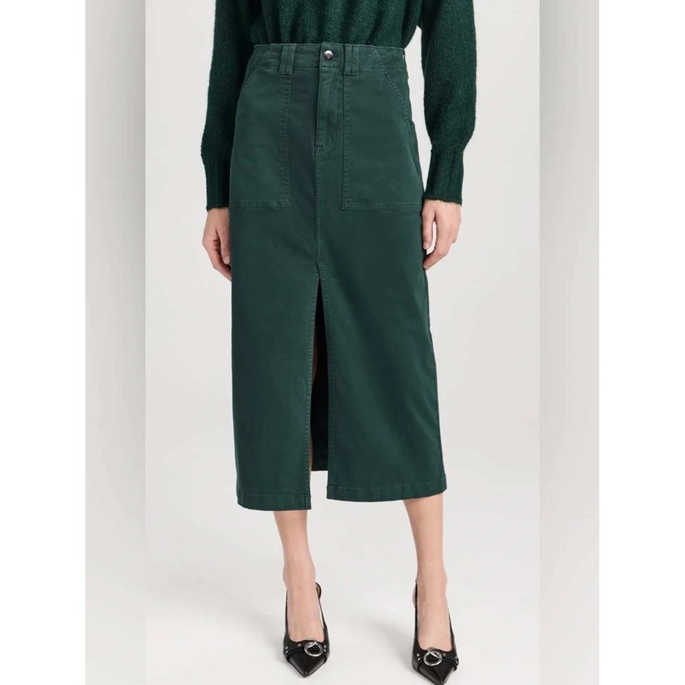 Pistola Pamela Denim Midi Skirt sz 26 Pine Green Front Split Pencil Utility NWT